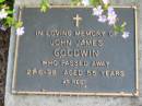 
John James GOODWIN,
died 21-6-98 aged 55 years;
Woodford Cemetery, Caboolture

