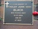 
Findlay John (Dick) BLACK,
died 15-1-2004 aged 80;
Woodford Cemetery, Caboolture
