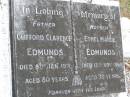 
Clifford Clarence EDMUNDS
d: 8 Jan 1971 aged 80
Ethel Maude EDMUNDS
13 Nov 1969, aged 79
Woodhill cemetery (Veresdale), Beaudesert shire

