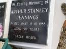 
Martha Jennings
24 Oct 1926, aged 59
Joseph Jennings
1 Dec 1933, aged 69

Arthur Stanley Jennings
15 Oct 1988, aged 90

Mary Ann Jennings
10 Feb 2002, aged 102

Woodhill cemetery (Veresdale), Beaudesert shire


