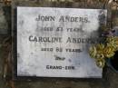 
John Anders
aged 53
Caroline Anders
aged 85
and grandson

Woodhill cemetery (Veresdale), Beaudesert shire

