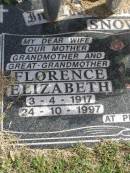 
Florence Elizabeth SNOW
b: 3 Apr 1917, d: 24 Oct 1997
Leslie Raymond SNOW
b: 24 Jan 1913, d: 22 Nov 2002
Woodhill cemetery (Veresdale), Beaudesert shire


