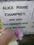 
Alice Marie Champney
13 Feb 1998, aged 95
Thomas Stephen Champney
11 Aug 1964, aged 67
Woodhill cemetery (Veresdale), Beaudesert shire

