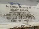 
Mary Ellen (Ferguson)
(wife of John Gray Ferguson)
13 Jul 1911,aged 41
Woodhill cemetery (Veresdale), Beaudesert shire

