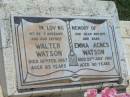 
Walter WATSON,
husband father,
died 16 Feb 1967 aged 83 years;
Emma Agnes WATSON,
mother nana,
died 29 July 1982 aged 80 years;
Shane Christopher HULL,
son grandson,
died 14 May 1996 aged 34 years;
Yarraman cemetery, Toowoomba Regional Council
