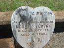 
Leslie J. COYNE,
son brother,
died 28 May 1951 aged 4 years;
Leonard W. COYNE,
son brother,
died 27 May 1943 aged 3 years;
Yarraman cemetery, Toowoomba Regional Council

