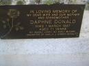 
Albert Joseph SCHULTZ,
died 15 May 1957 aged 77 years;
Amelia SCHULTZ,
died 18 Feb 1959 aged 70 years;
Daphne DONALD,
wife mother grandmother,
daughter of Amelia & Joseph SCHULTZ,
died 1 March 1997 aged 71 years;
Yarraman cemetery, Toowoomba Regional Council

